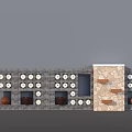 Gray Brick Background Wall With Decorative Niches Circular Ornaments Clay Pots And Stone Textured Panel