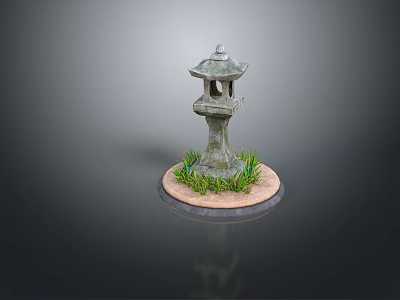 Japanese Stone Lantern Garden Decor With Circular Base And Green Grass 3d model