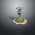 Japanese Stone Lantern Garden Decor With Circular Base And Green Grass