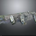 Three Worn Out Boats Resting On Sandy Mudflat Near Water Edge