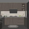 Modern Kitchen Interior With Brown Cabinets White Countertop Range Hood And Black Refrigerator