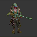 Fantasy Game Character Design With Teal Hair Green Feathered Coat And Long Rifle