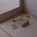 Minimalist Room Corner Wooden Low Coffee Table Board Game Round Cushions On Woven Rug
