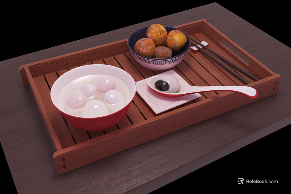 Traditional Glutinous Rice Balls and Fried Dough Balls in Wooden Tray with Chopsticks and Spoon 3d model 