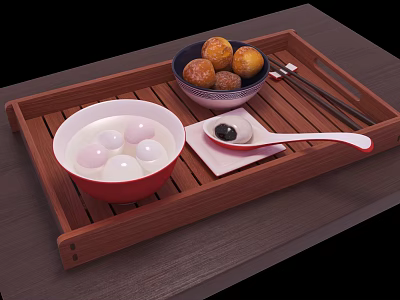 Traditional Glutinous Rice Balls and Fried Dough Balls in Wooden Tray with Chopsticks and Spoon 3d model