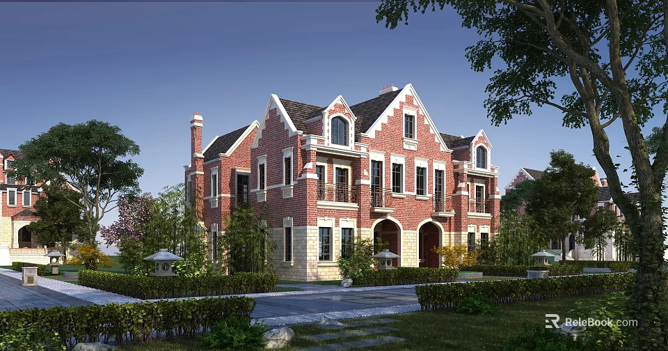 European Style Semi Detached Villa With Red Brick Exterior And Gabled Roof 3d model 