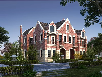 European Style Semi Detached Villa With Red Brick Exterior And Gabled Roof 3d model