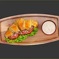 Delicious Croissant Sandwich with Fresh Lettuce Tomato on Wooden Serving Tray and Creamy Dip