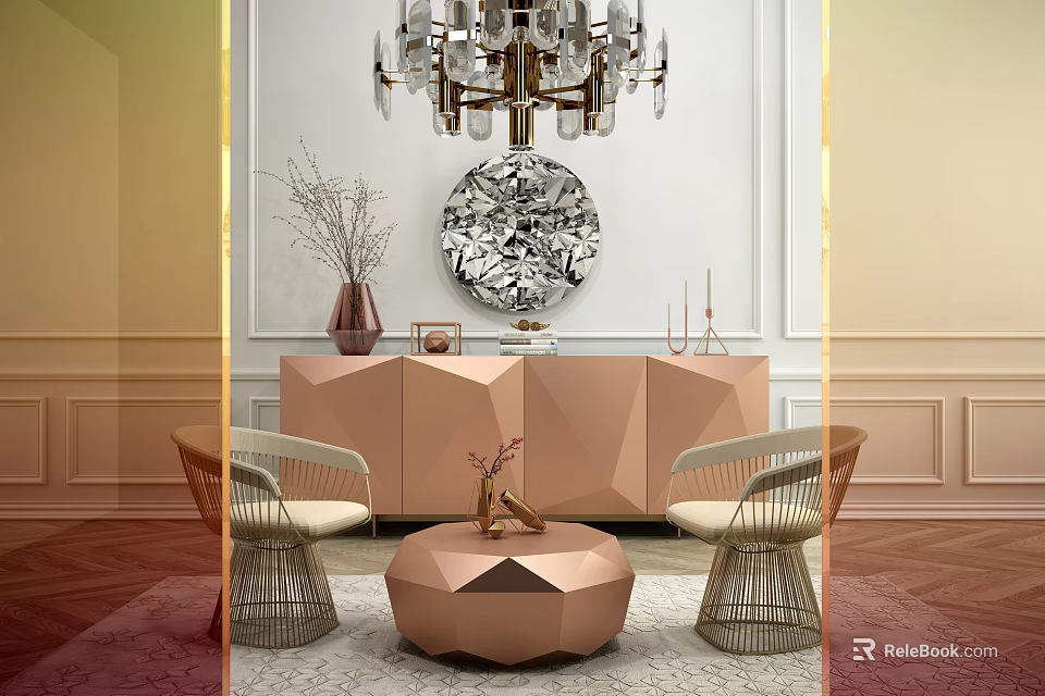 Modern Leisure Sofa Set With Rattan Chairs Pink Coffee Table And Decorative Chandelier 3d model 