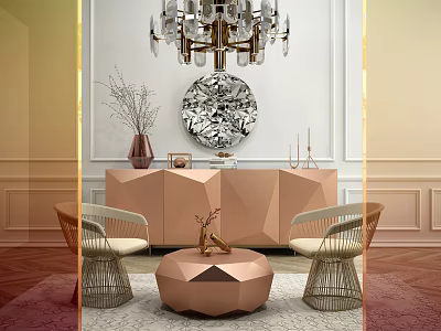 Modern Leisure Sofa Set With Rattan Chairs Pink Coffee Table And Decorative Chandelier 3d model