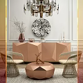 Modern Leisure Sofa Set With Rattan Chairs Pink Coffee Table And Decorative Chandelier