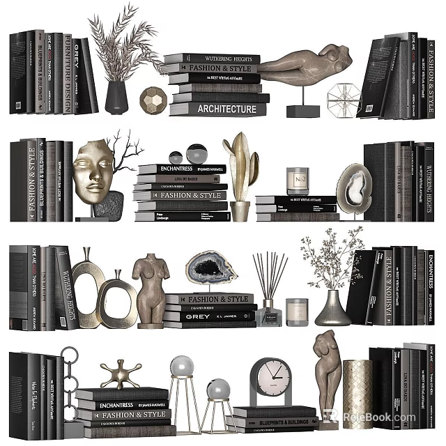 Modern Decorative Ornament Combination With Books Sculptures Plants And Clocks 3d model 