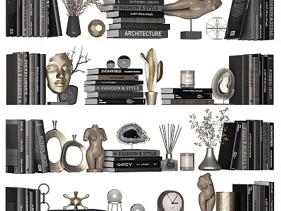 Modern Decorative Ornament Combination With Books Sculptures Plants And Clocks 3d model
