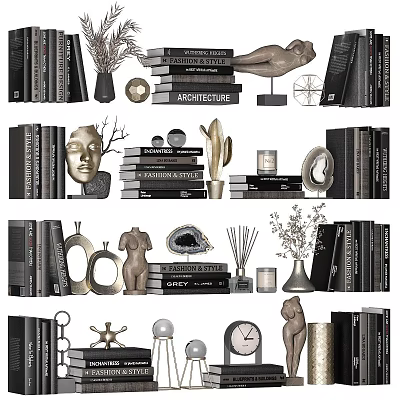 Modern Decorative Ornament Combination With Books Sculptures Plants And Clocks 3d model