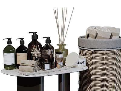 Modern Bathroom Set With Bottles Reed Diffuser Rolled Towels And Wicker Basket On Marble Countertop 3d model