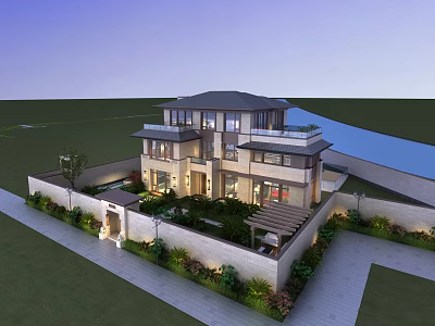 Modern Chinese Style Detached Villa With Courtyard Greenery Water Feature And Lighting 3d model