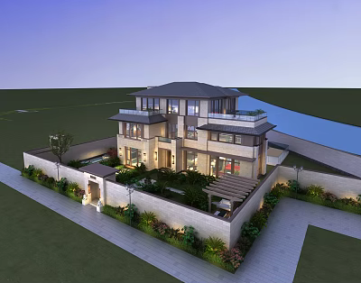 Modern Chinese Style Detached Villa With Courtyard Greenery Water Feature And Lighting 3d model