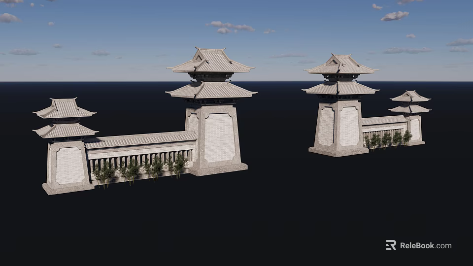 Chinese Style Entrance Gate With Traditional Stone Towers And Railings By Blue Sky And Sea 3d model 