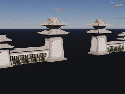 Chinese Style Entrance Gate With Traditional Stone Towers And Railings By Blue Sky And Sea 3d model