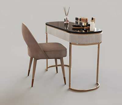 Elegant Modern Dressing Table With Gold Metal Frame Black Tabletop Striped Drawers Cosmetics And Matching Chair 3d model