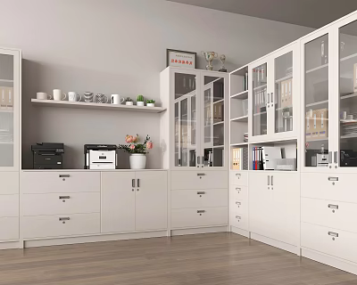 Modern White Bookcase With Glass Doors And Multiple Storage Shelves 3d model