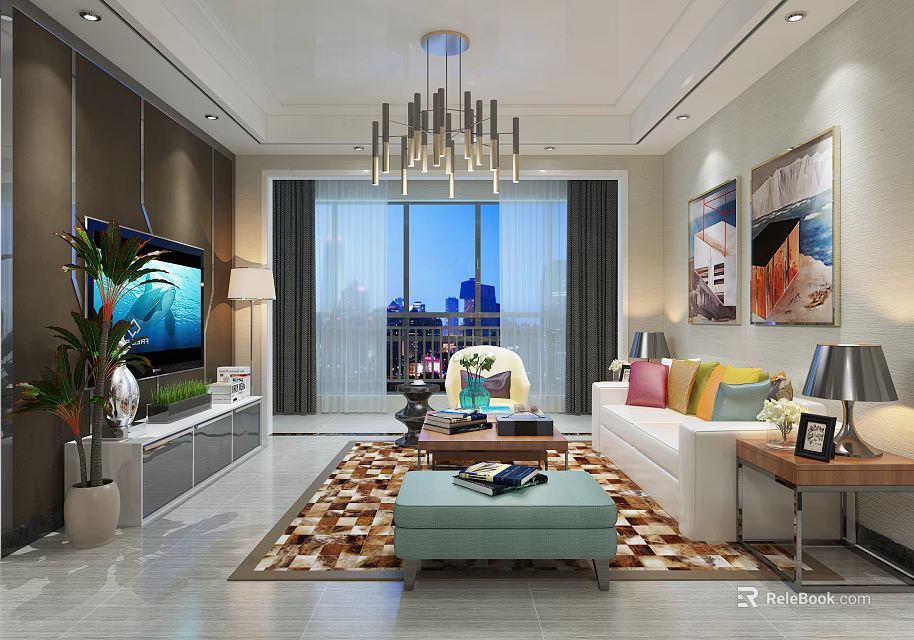 Modern Living Room Interior with White Sofa Colorful Pillows Blue Ottoman and Decorative Paintings 3d model 