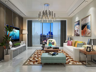 Modern Living Room Interior with White Sofa Colorful Pillows Blue Ottoman and Decorative Paintings 3d model