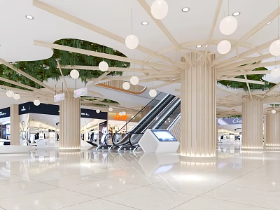 Modern Shopping Mall Lobby with Pendant Lights Green Plants Escalators and White Pillars 3d model