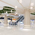 Modern Shopping Mall Lobby with Pendant Lights Green Plants Escalators and White Pillars