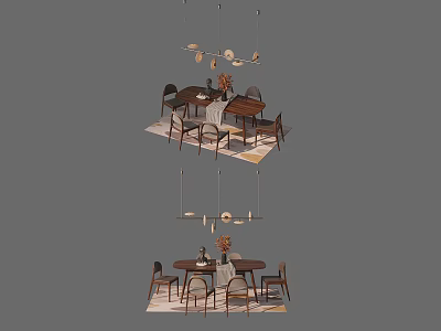 Modern Stylish Dining Table Set With Wooden Table Chairs Pendant Lights And Rug 3d model