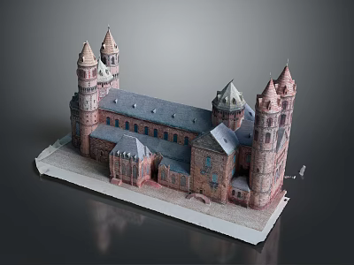 Cartoon Scene Of Medieval Castle With Towers Spires Red Brick Gray Roof And White Base 3d model