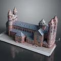 Cartoon Scene Of Medieval Castle With Towers Spires Red Brick Gray Roof And White Base