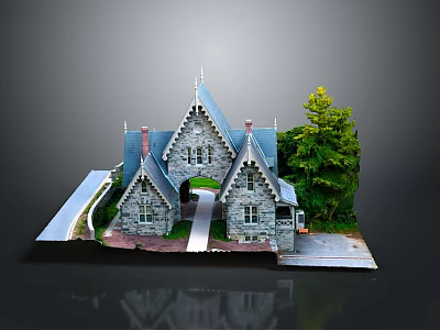 Gothic Style Stone Building With Pointed Gabled Roofs Chimneys Front Pathway And Side Tree 3d model