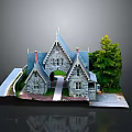Gothic Style Stone Building With Pointed Gabled Roofs Chimneys Front Pathway And Side Tree