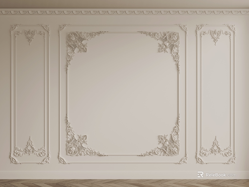 Elegant Gypsum Cornice Wall Decor With Intricate Patterns And Classic Frames 3d model 