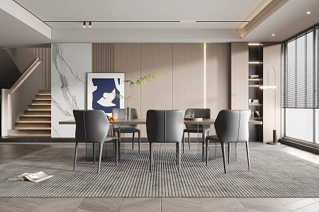 Modern Restaurant Dining Table and Chair Floor Lamp Wall Cream Dining Room Cabinet 3d model
