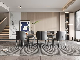 Modern Restaurant Dining Table and Chair Floor Lamp Wall Cream Dining Room Cabinet 3d model