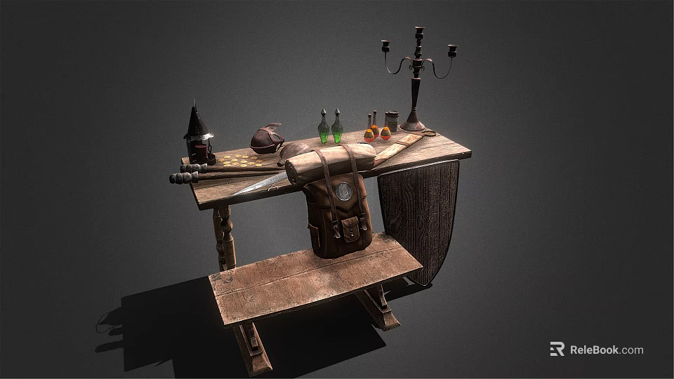 Vintage Wooden Workbench With Candle Holder Bottles Bag And Tools On Top 3d model 