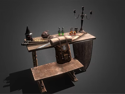 Vintage Wooden Workbench With Candle Holder Bottles Bag And Tools On Top 3d model