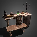 Vintage Wooden Workbench With Candle Holder Bottles Bag And Tools On Top