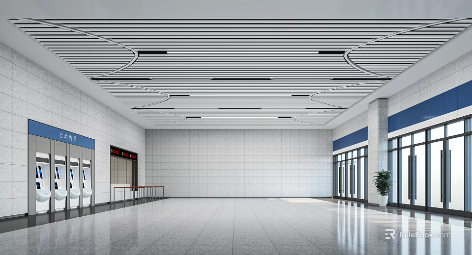 Modern Train Station Hall With White Tiled Walls Ceiling Patterns Glass Doors And Ticket Machines 3d model 