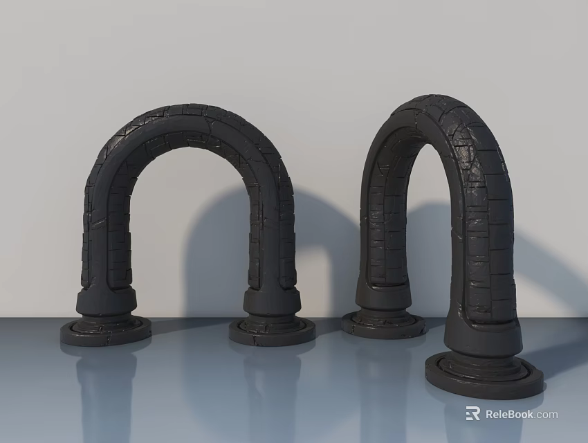 Black Textured Swing Door With Arch Shape And Base Stand On Smooth Floor 3d model 
