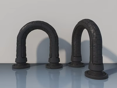 Black Textured Swing Door With Arch Shape And Base Stand On Smooth Floor 3d model