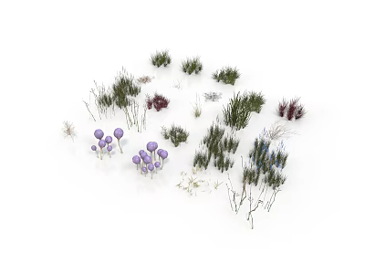 Colorful Decorative Plants For Home Decoration Including Green Grass And Purple Flowers 3d model