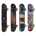 Colorful Skateboards Sports Equipment With Unique Designs Displayed On Wooden Rack