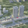 Modern Commercial Street With Twin Tall Buildings Greenery Surrounding Roads And Commercial Complex