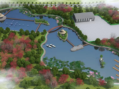 Scenic Park Landscape With Lake Bridge Pavilion Building Boats And Colorful Trees 3d model