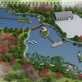 Scenic Park Landscape With Lake Bridge Pavilion Building Boats And Colorful Trees