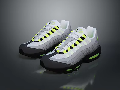 White And Gray Sneakers With Yellow Accents Stripe Design And Air Cushion Sole 3d model