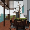 Courtyard Garden Featuring Wooden Flooring Long Dining Table Chairs Tree And Shade Pergola